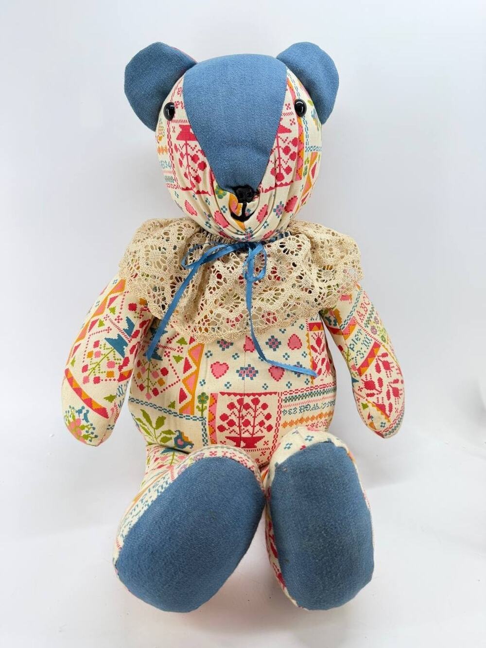 Handmade Teddy Bear Plush Stuffed Toy Folk Floral Fabric Lace Collar OOAK